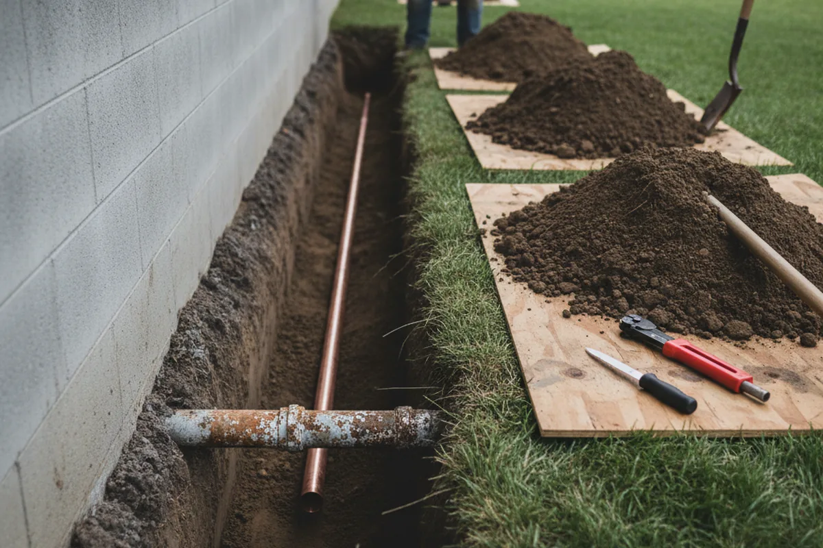 Excavated water line trench during Sewer Line Repair in Cave Junction